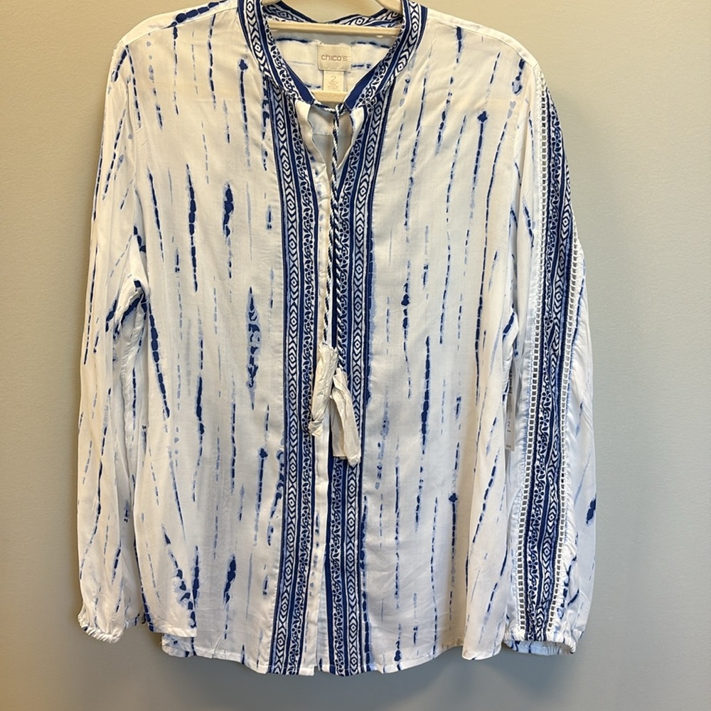 Chico’s "Tie-Dye Embroidered Boho Shirt" Blue White 2 NWT